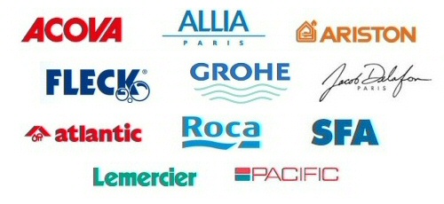 Partenaires plomberie : Acova, Allia, Ariston, Atlantic, Roca, SFA, Fleck, Grohe, Delafon, Lemercier, Pacific