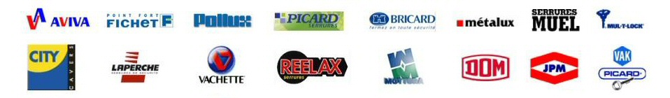 Partenaires serrurerie : Aviva, Fichet, Picard, Bricard, Métalux, Laperche, Vachette, Reelax, DOM, JPM, Metalux, Muel, Pollux, ...